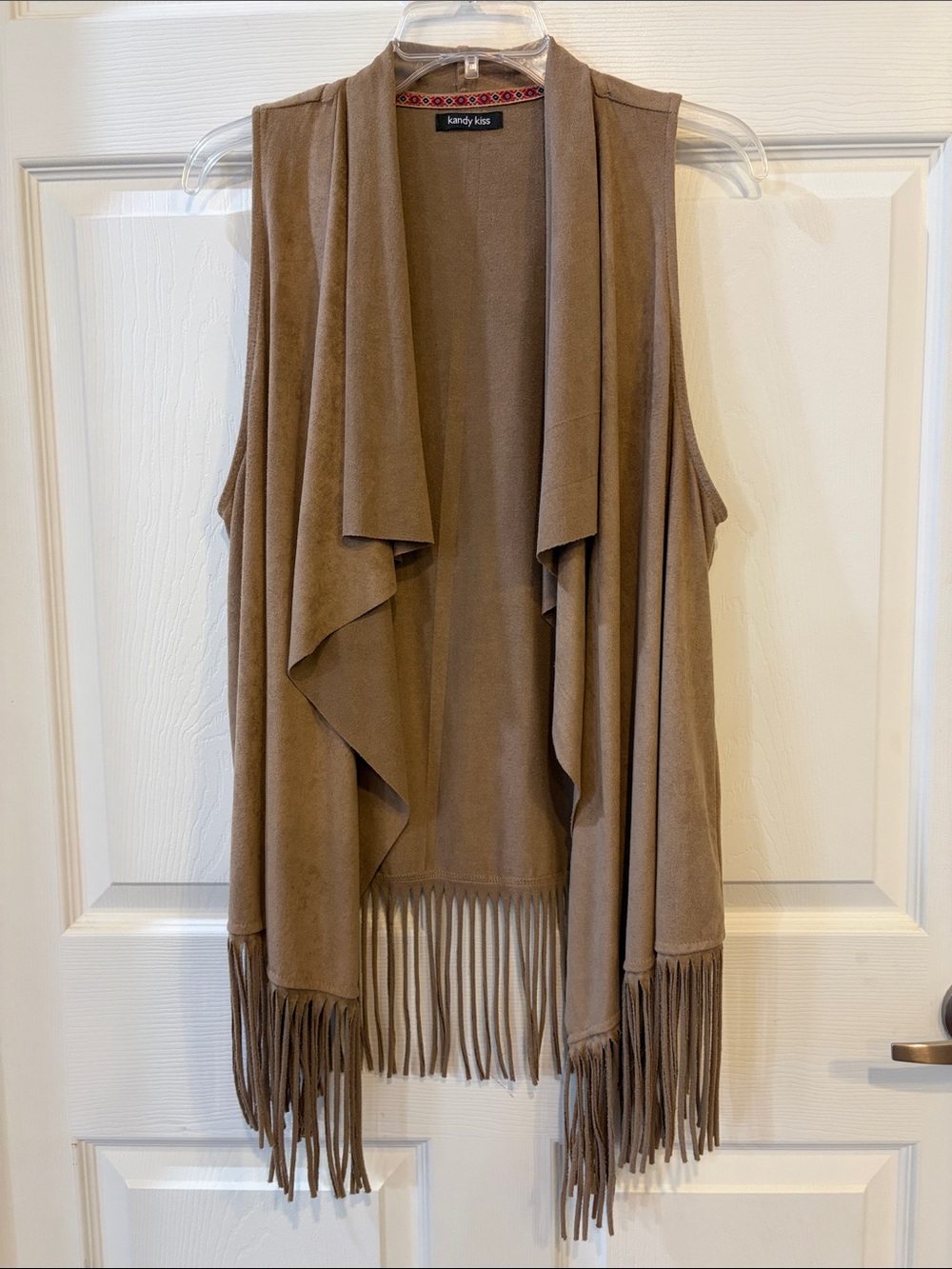 Kandy Kiss Women's Taupe Faux Suede Fringe Open Front Vest